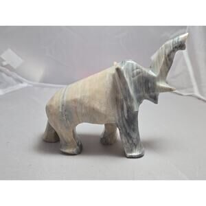 Vintage Hand Carved Onyx Marble Stone Elephant Trunk Up Tusks 5.5" Figurine